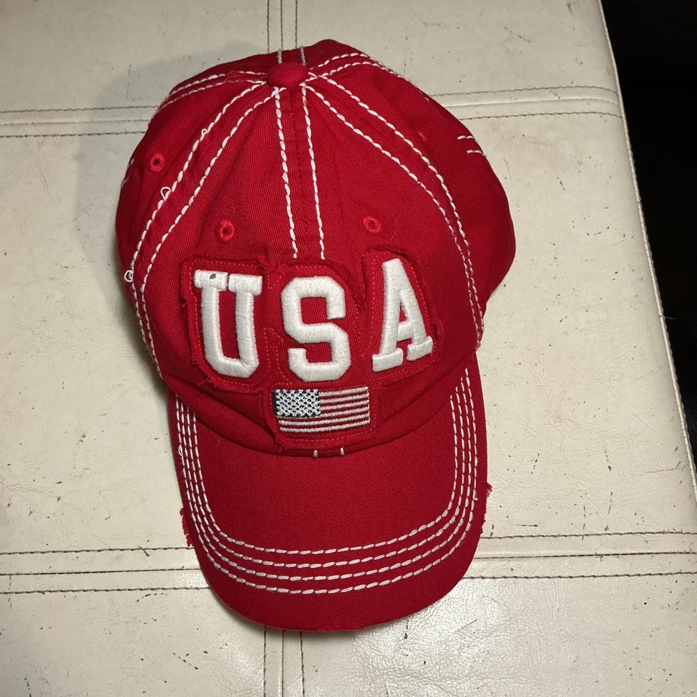 Red USA Baseball Cap with American Flag Embroidery